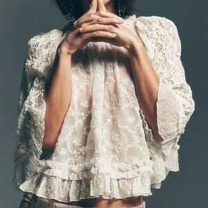 White Casual Women's Lace 3/4 Sleeve Crew Neck Sheer Embroidery Loose Top